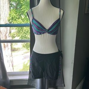 Athleta Purple and Teal Striped Bikini Top with Black Shorts